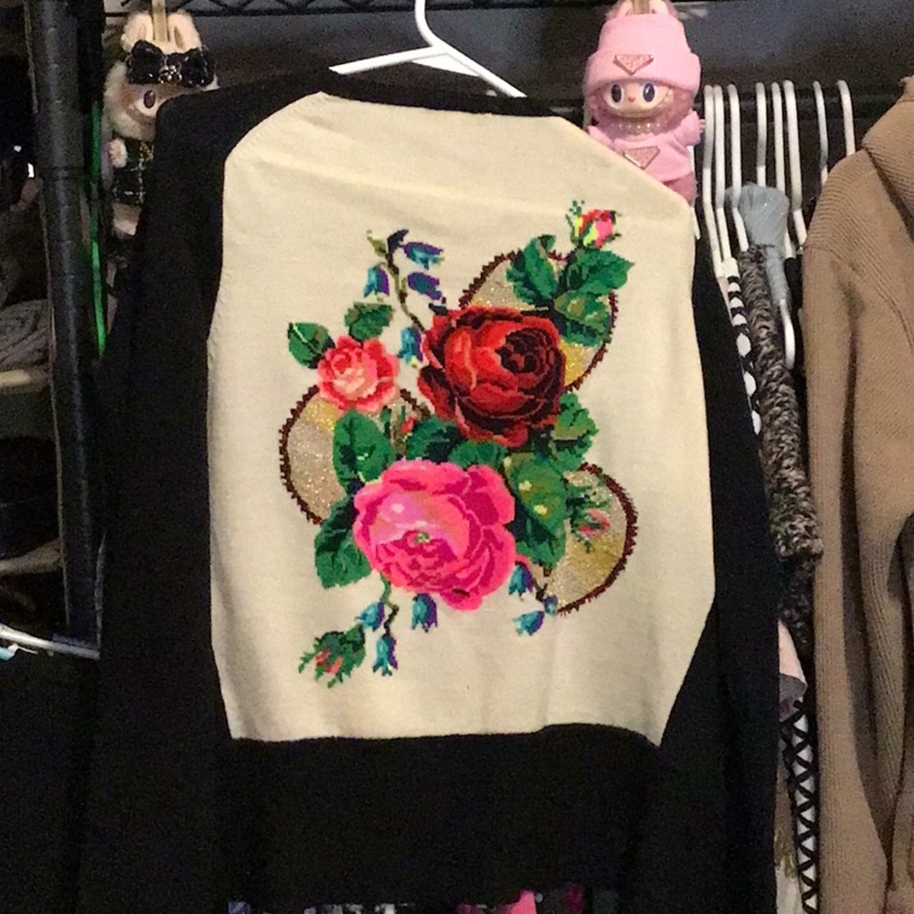 Black and Cream Floral Embroidered Women's Cardigan
